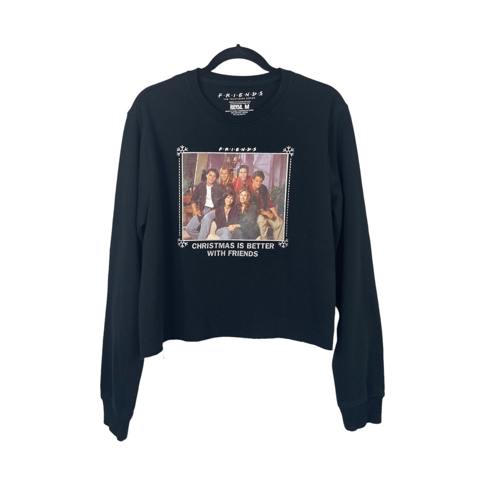 Friends TV Show Christmas Graphic Long Sleeve Cropped Sweatshirt Black Size M